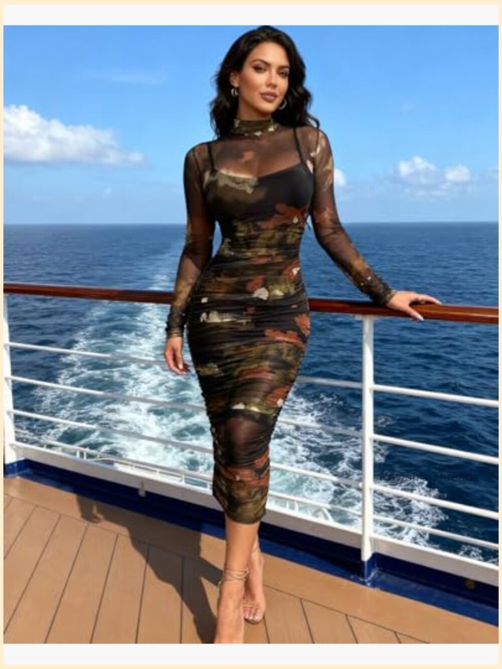 Sexy Long Sleeve Printed Sheer Mesh Bodycon Midi Dress Party Clubwear - Picture 2 of 6